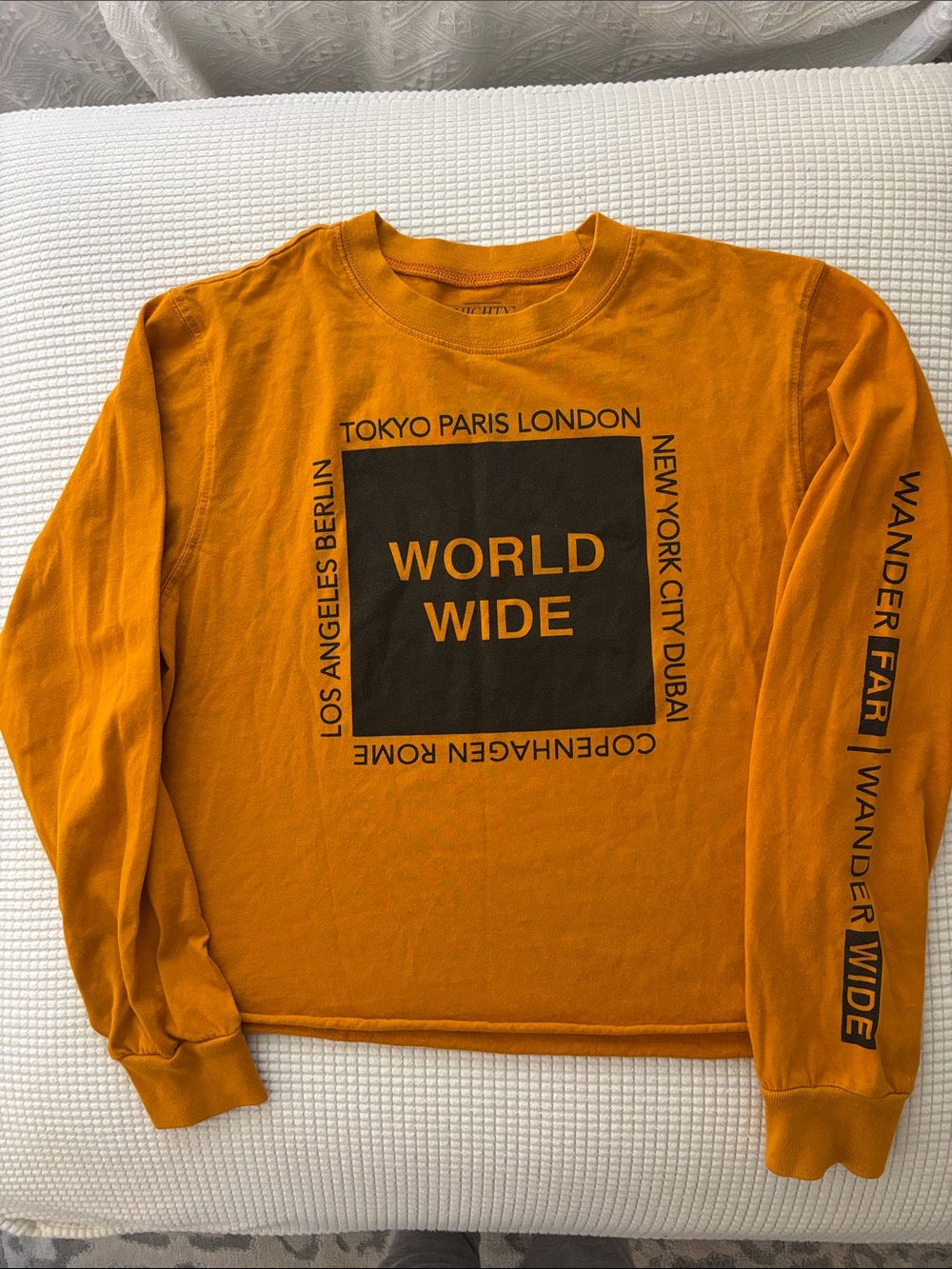 New! yellow Mighty Fine long-sleeved cropped t-shirt. Size Small